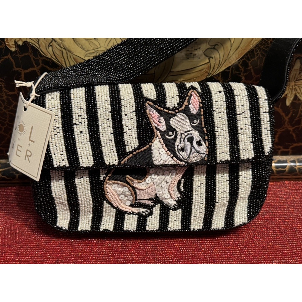 Sol & Mer French Bulldog Beaded Bag NWT Black White Striped Shoulder Purse Viral - Picture 8 of 11